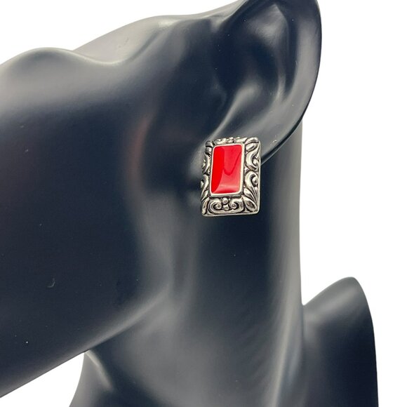 **Icon Collection Red and Silver Scalloped Earrings - Picture 1 of 7